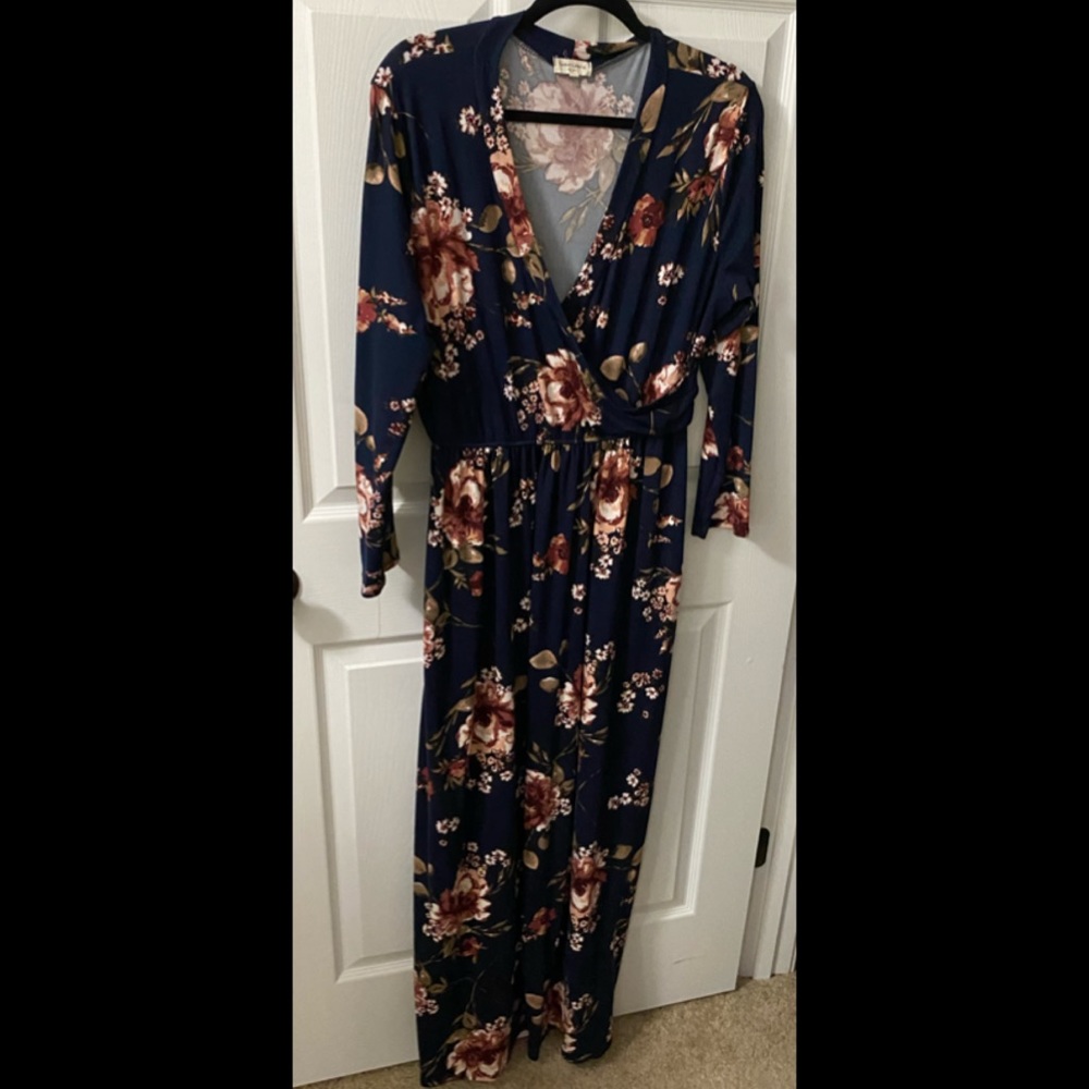 Navy and Floral Faux Wrap Maxi Dress